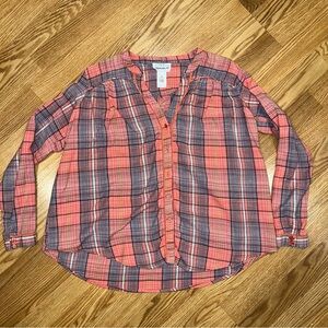 For the Republic pink purple Flannel Plaid‎ V-neck Button Down Shirt Sz M